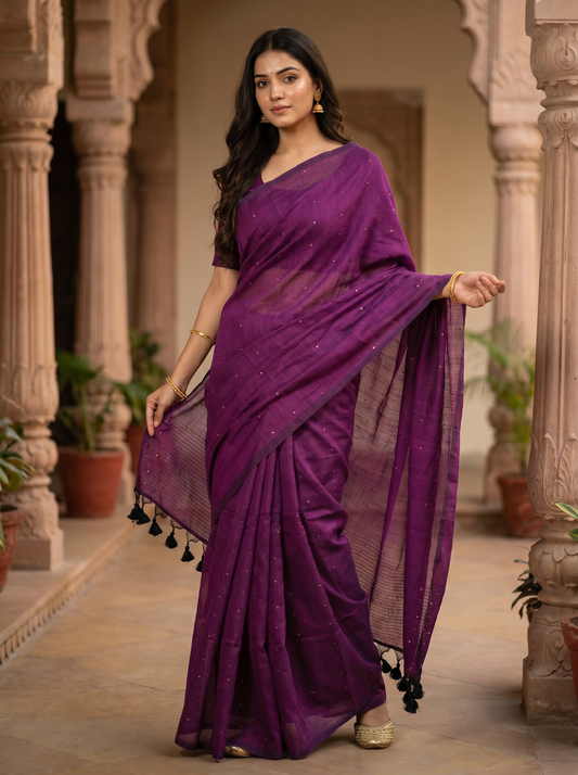 Purple Mul Sequins Cotton Saree with Sequins Work