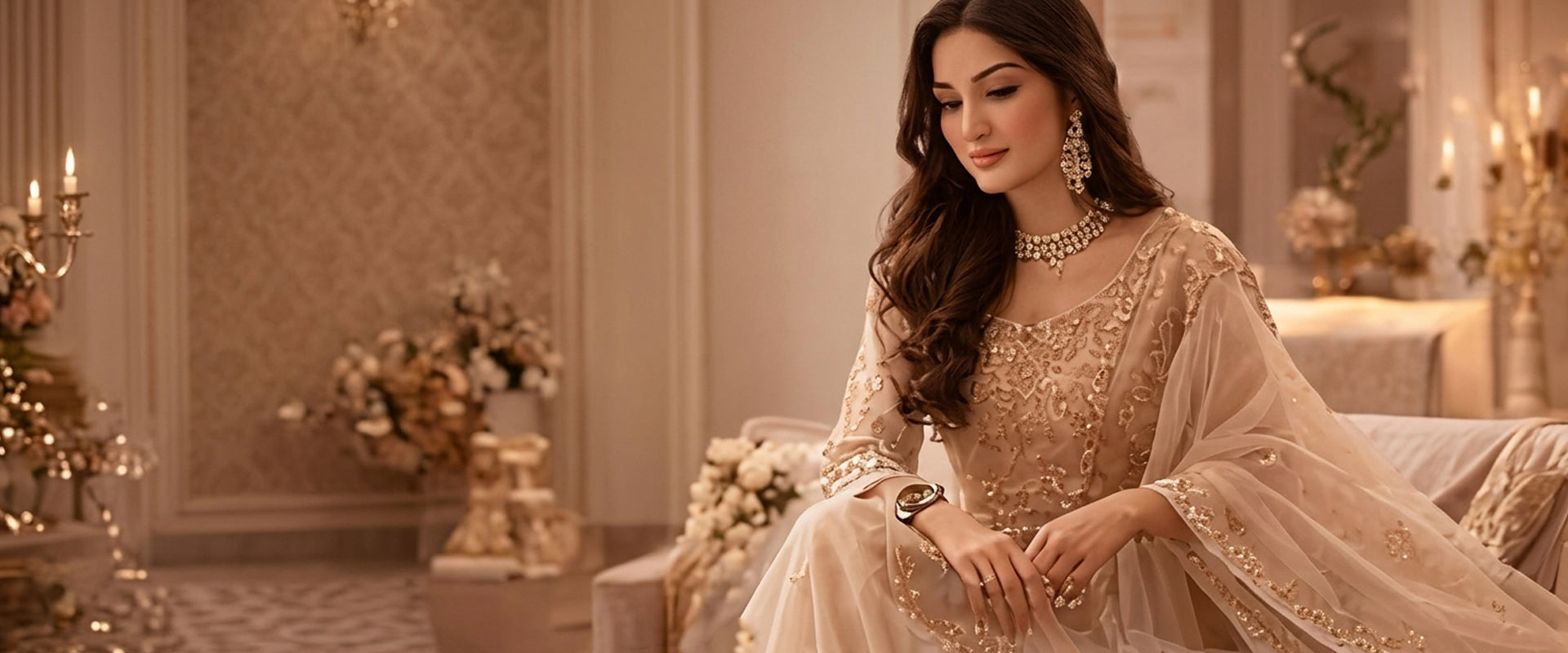 Woman in a traditional outfit sitting in an elegant room with decorative elements.