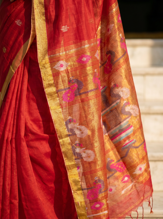 Red Linen Silk Paithani Saree for Festival Wear