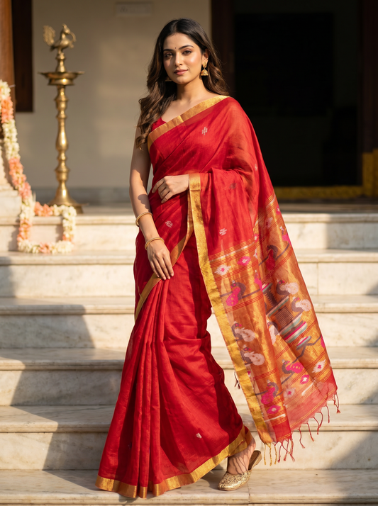 Red Linen Silk Paithani Saree for Festival Wear