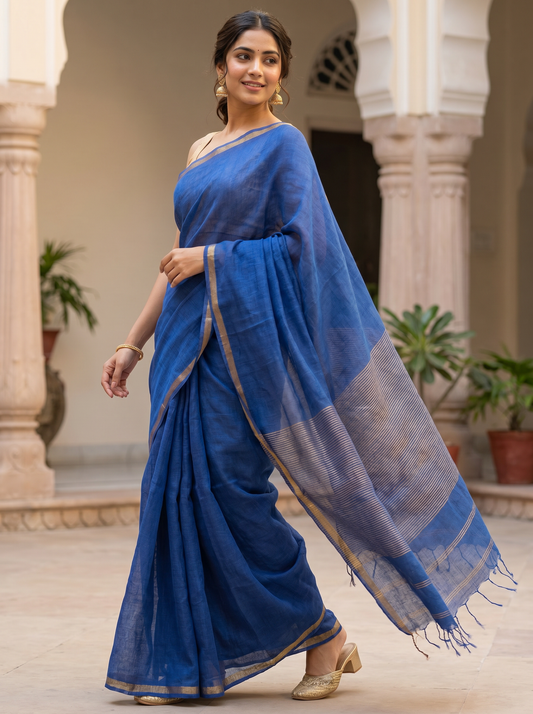 Royal Blue Linen Tissue Saree with Golden Border