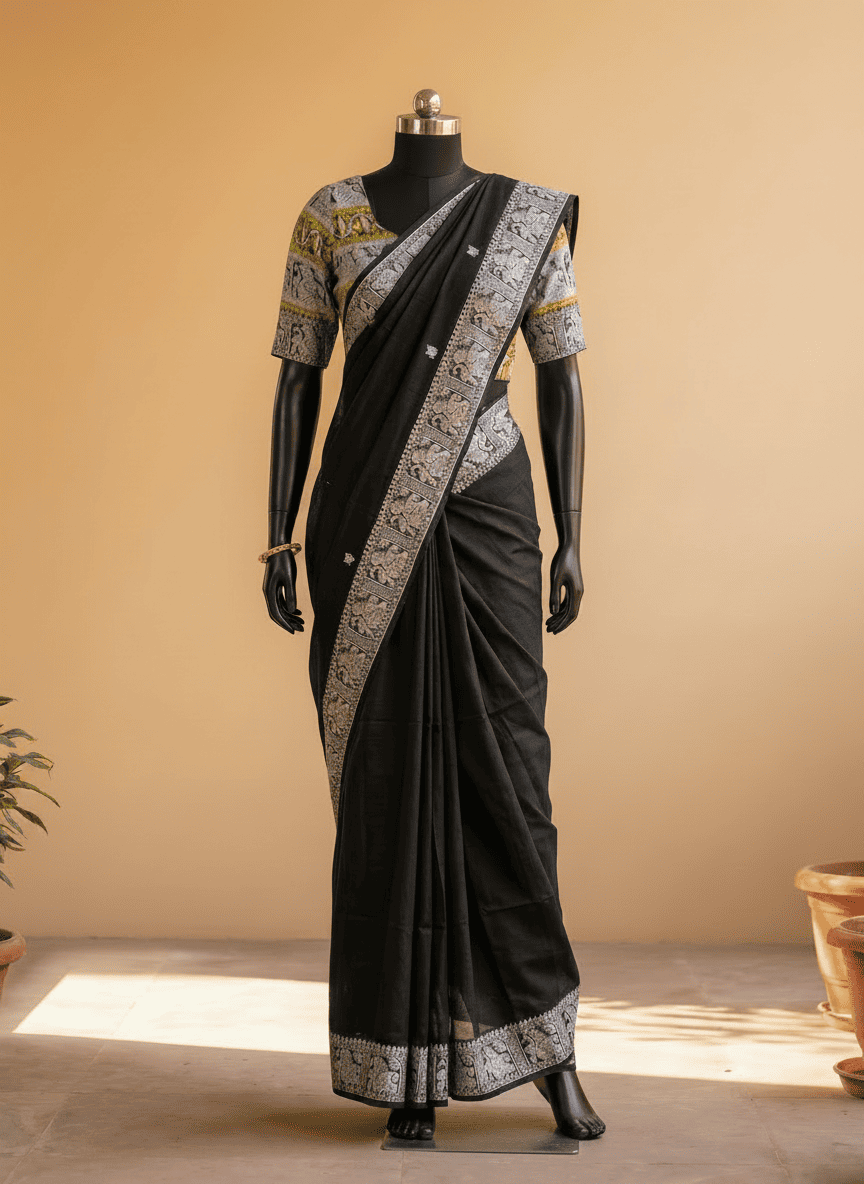 Black saree with silver border on a mannequin against a beige background