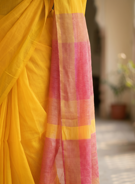 Yellow Mul Zari Pallu Cotton Saree with Pink Pallu